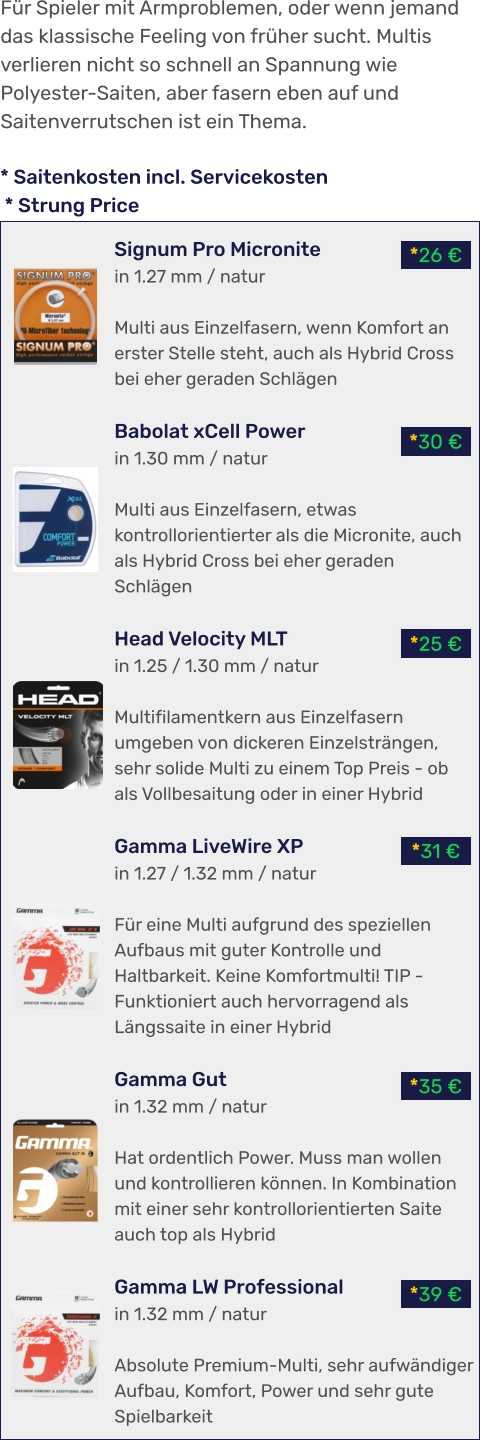 *39 € *35 € *31 € *25 € *30 € *26 € * Saitenkosten incl. Servicekosten  * Strung Price Signum Pro Micronite in 1.27 mm / natur  Multi aus Einzelfasern, wenn Komfort an erster Stelle steht, auch als Hybrid Cross bei eher geraden Schlägen  Babolat xCell Power in 1.30 mm / natur  Multi aus Einzelfasern, etwas kontrollorientierter als die Micronite, auch als Hybrid Cross bei eher geraden Schlägen  Head Velocity MLT in 1.25 / 1.30 mm / natur  Multifilamentkern aus Einzelfasern umgeben von dickeren Einzelsträngen, sehr solide Multi zu einem Top Preis - ob als Vollbesaitung oder in einer Hybrid  Gamma LiveWire XP in 1.27 / 1.32 mm / natur  Für eine Multi aufgrund des speziellen Aufbaus mit guter Kontrolle und Haltbarkeit. Keine Komfortmulti! TIP - Funktioniert auch hervorragend als Längssaite in einer Hybrid  Gamma Gut in 1.32 mm / natur  Hat ordentlich Power. Muss man wollen und kontrollieren können. In Kombination mit einer sehr kontrollorientierten Saite auch top als Hybrid  Gamma LW Professional in 1.32 mm / natur  Absolute Premium-Multi, sehr aufwändiger Aufbau, Komfort, Power und sehr gute Spielbarkeit Für Spieler mit Armproblemen, oder wenn jemand das klassische Feeling von früher sucht. Multis verlieren nicht so schnell an Spannung wie Polyester-Saiten, aber fasern eben auf und Saitenverrutschen ist ein Thema.