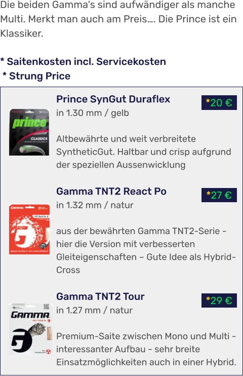 *29 € *27 € *20 € * Saitenkosten incl. Servicekosten  * Strung Price Prince SynGut Duraflex in 1.30 mm / gelb  Altbewährte und weit verbreitete SyntheticGut. Haltbar und crisp aufgrund der speziellen Aussenwicklung  Gamma TNT2 React Po in 1.32 mm / natur  aus der bewährten Gamma TNT2-Serie -  hier die Version mit verbesserten Gleiteigenschaften – Gute Idee als Hybrid-Cross  Gamma TNT2 Tour in 1.27 mm / natur  Premium-Saite zwischen Mono und Multi - interessanter Aufbau - sehr breite Einsatzmöglichkeiten auch in einer Hybrid. Die beiden Gamma‘s sind aufwändiger als manche Multi. Merkt man auch am Preis…. Die Prince ist ein Klassiker.