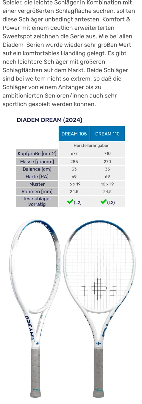 DIADEM DREAM (2024)  DREAM 105 DREAM 110  Herstellerangaben Kopfgröße [cm^2] 677 710 Masse [gramm] 285 270 Balance [cm] 33 33 Härte [RA] 69 69 Muster 16 x 19 16 x 19 Rahmen [mm] 24,5 24,5 Testschläger vorrätig (L2) (L2) Spieler, die leichte Schläger in Kombination mit einer vergrößerten Schlagfläche suchen, sollten diese Schläger unbedingt antesten. Komfort & Power mit einem deutlich erweiterterten Sweetspot zeichnen die Serie aus. Wie bei allen Diadem-Serien wurde wieder sehr großen Wert auf ein komfortables Handling gelegt. Es gibt noch leichtere Schläger mit größeren Schlagflächen auf dem Markt. Beide Schläger sind bei weitem nicht so extrem, so daß die Schläger von einem Anfänger bis zu ambitionierten Senioren/innen auch sehr sportlich gespielt werden können.