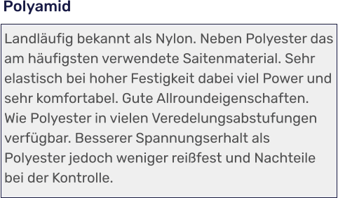 Landläufig bekannt als Nylon. Neben Polyester das am häufigsten verwendete Saitenmaterial. Sehr elastisch bei hoher Festigkeit dabei viel Power und sehr komfortabel. Gute Allroundeigenschaften. Wie Polyester in vielen Veredelungsabstufungen verfügbar. Besserer Spannungserhalt als Polyester jedoch weniger reißfest und Nachteile bei der Kontrolle. Polyamid