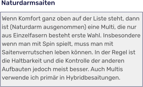 Wenn Komfort ganz oben auf der Liste steht, dann ist (Naturdarm ausgenommen) eine Multi, die nur aus Einzelfasern besteht erste Wahl. Insbesondere wenn man mit Spin spielt, muss man mit Saitenverrutschen leben können. In der Regel ist die Haltbarkeit und die Kontrolle der anderen Aufbauten jedoch meist besser. Auch Multis verwende ich primär in Hybridbesaitungen.  Naturdarmsaiten