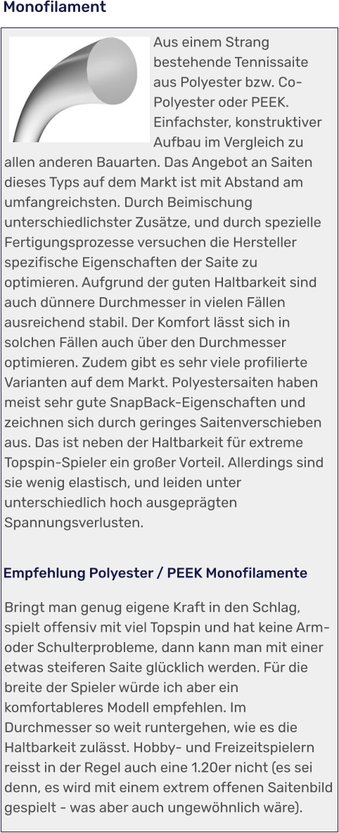 Bringt man genug eigene Kraft in den Schlag, spielt offensiv mit viel Topspin und hat keine Arm- oder Schulterprobleme, dann kann man mit einer etwas steiferen Saite glücklich werden. Für die breite der Spieler würde ich aber ein komfortableres Modell empfehlen. Im Durchmesser so weit runtergehen, wie es die Haltbarkeit zulässt. Hobby- und Freizeitspielern reisst in der Regel auch eine 1.20er nicht (es sei denn, es wird mit einem extrem offenen Saitenbild gespielt - was aber auch ungewöhnlich wäre).  Empfehlung Polyester / PEEK Monofilamente Aus einem Strang bestehende Tennissaite aus Polyester bzw. Co-Polyester oder PEEK. Einfachster, konstruktiver Aufbau im Vergleich zu allen anderen Bauarten. Das Angebot an Saiten dieses Typs auf dem Markt ist mit Abstand am umfangreichsten. Durch Beimischung unterschiedlichster Zusätze, und durch spezielle Fertigungsprozesse versuchen die Hersteller spezifische Eigenschaften der Saite zu optimieren. Aufgrund der guten Haltbarkeit sind auch dünnere Durchmesser in vielen Fällen ausreichend stabil. Der Komfort lässt sich in solchen Fällen auch über den Durchmesser optimieren. Zudem gibt es sehr viele profilierte Varianten auf dem Markt. Polyestersaiten haben meist sehr gute SnapBack-Eigenschaften und zeichnen sich durch geringes Saitenverschieben aus. Das ist neben der Haltbarkeit für extreme Topspin-Spieler ein großer Vorteil. Allerdings sind sie wenig elastisch, und leiden unter unterschiedlich hoch ausgeprägten Spannungsverlusten. Monofilament